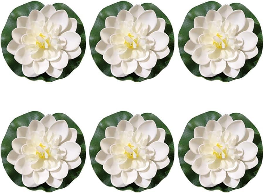 6Pcs White Artificial Lotus Flowers Large Floating Faux Lotus Water Lily Flowers Fish Pond Artificial Plants with Artificial Lily Pads, Home Decor Artificial Flowers