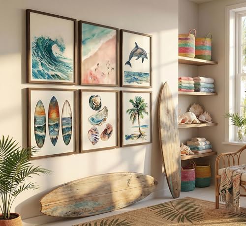 6pcs Vintage Coastal Canvas Wall Art Beach Surfboard Shell Posters Prints Paintings Summer Ocean Animal Wall Decor Pictures for Living Room Bedroom Bathroom Home Decorate Unframed - color: Coastal-1, size: 10"L x 8"W-Posters