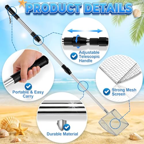 RGQSUN Shark Tooth Sifter with Seashell Bag, Beach Sand Sifter Set with Extendable Handles for Shell Collecting, Sea Glass, Shark Teeth and Small Beach Finds - color: Blue (1 Set)