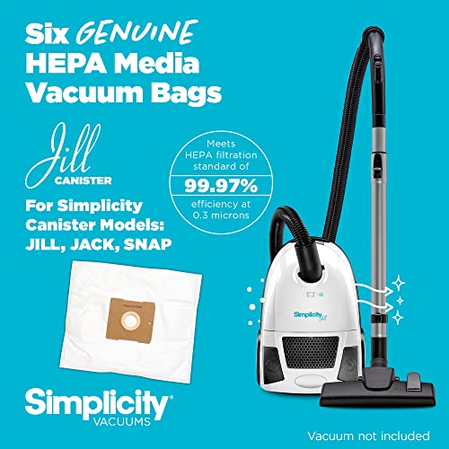 Simplicity Vacuums SZH-6 Jill Canister Vacuum Replacement Bags with Certified Hepa Media, Fits with Simplicity Jill, Jack, and Snap Bagged Vacuum Canister Models, Type Z Bags, 6-pack Set