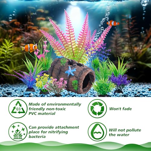 Ameliade Fish Tank Accessories Decorations Set with Broken Barrel Cave & 11 Artificial Aquatic Plants - Betta Goldfish Hiding Spots for Aquariums, Small Bowl Ornament Decor