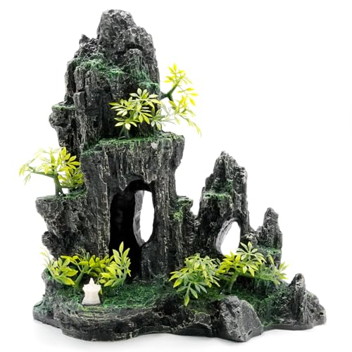 Hoypeyfiy Large Aquarium Decorations and Tall Aquarium Decor for Fish Tank Decorations Artificial Mountain View Ornament Tall Large Aquarium Rock Decor Tree House with Hiding Caves Natural Landscape