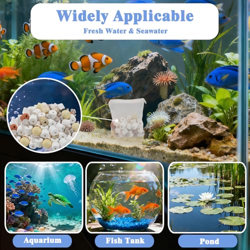 Aquarium Filter Media, 12 in 1 Bio Balls Ceramic Rings Set with Zippered Mesh Bag, Durable Freshwater Marine Biological Filter Media for Fish Tank, Pond, Canister (1.1lb, 500g)