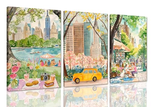 XLARTMY New York City Poster Travel Wall Art Canvas Framed Watercolor NYC Central Park Landmarks Artwork Decor Painting Prints Pictures Set of 3 for Bedroom Living Room Bathroom Office 16x24in - color: Watercolor City, size: 16x24in Canvas