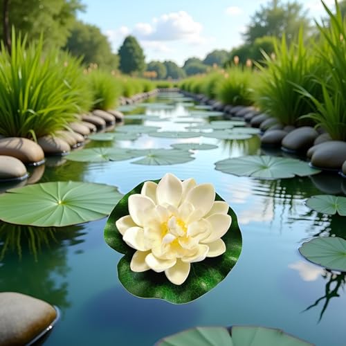 White Artificial Floating Foam Lotus Flower with Water Lily Pad, Lifelike Pond Pool Lotus Ornaments, Realistic Ornament for Home Garden Pond Aquarium Decor, Artificial Plants and Flowers, Decorations