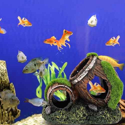 NQEUEPN Fish Tank Broken Barrel Decoration, Dual-Barrel Resin Aquarium Decor, Betta Fish Hideout, Brown Rustic Cave
