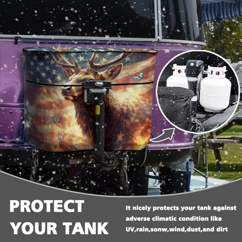 American Flag Deer RV Propane Tank Cover for Travel Trailer Replacement Cover for RV/Trailer/Camper Double 20lb Propane Tank Protector - color: American Flag Deer, size: Small-Double 20LB