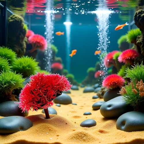 Red Artificial Flowers, Fake Flowers, Artificial Pine with Base Grass Fish Tank Ornament Aquatic Plant Landscape Decor, Aquarium Décor Plastic Plants