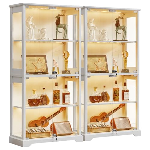 LELELINKY Farmhouse Glass Display Cabinet Set of 2 with Doors, Wooden Curio Cabinet for Collectibles with 3-Color LED Motion-Sensor Light & Reinforced Base, White - color: White, size: Set of 2