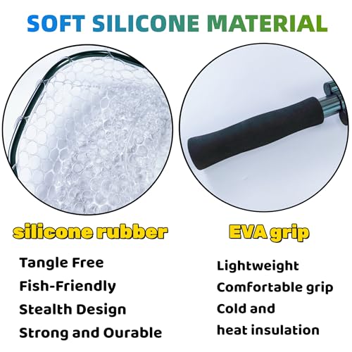 Floating Fishing Net for Steelhead, Salmon, Fly, Kayak, Catfish, Bass, Trout Fishing, Rubber Coated Landing Net with Fixed or Telescoping Pole Handle - color: White Silicone Net