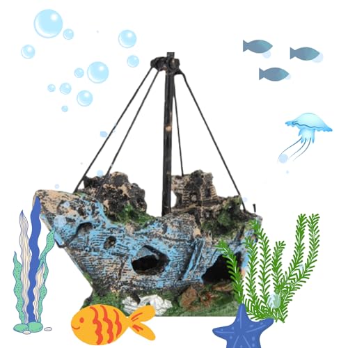 Fish Tank Decorations, Resin Shipwreck Aquarium Decor for Tank, Sunken Ship Aquarium Decorations Large, Betta Fish Tank Accessories, Wrecked Ship Fish Hideout Freshwater Saltwater Tanks