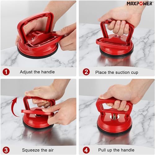MAXPOWER Glass Suction Cups, 2-Piece Aluminum Vacuum Suction Cup Lifter for Replace Windshield Tile Marble Floor, 110 Lbs Load Capacity, 4.7" Suction Pad