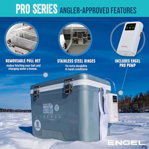 ENGEL Live Bait Cooler PRO for Fishing - Portable Minnow and Bait Bucket with Lithium-Ion Rechargeable Aerator - color: Silver, size: 13 Quarts