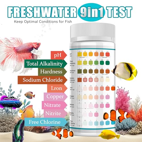 Aquarium Test Strips, 9 in 1 Fish Tank Test Kit for Freshwater Ponds, 150 ct Quick & Accurate Water Testing Iron Copper Sodium Chlorine Nitrate Nitrite Total Alkalinity Hardness Free Chlorine pH - color: 9 IN 1 aquarium test strips