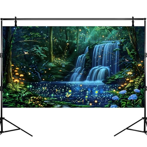 Waterfall Aquarium Background Enchanted Fantasy Forest Shimmering Fireflies Fish Tank Background Majestic Tranquil Lake Stream Reptile Tank Backgrounds Neon Lights Fish Terrarium Backgrounds 24x12in - color: Green_Blue, size: 24(W)x12(H)inches/ 60(W)*30cm