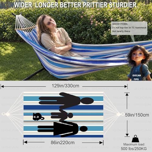 Double Hammock 2 Person Extra Large 220x150cm Total Length 330cm Load 500lb Canvas Cotton Hammock for Patio Porch Garden Backyard Lounging Outdoor and Indoor with Removable Spreader bar - color: Blue9