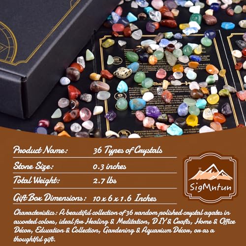 Polished Healing Crystal Chips Stones Set, 36 Different Natural Gemstone Types, 2.5 lbs 0.3" Tumbled Decorative Rocks Collection for Chakra, Meditation, Reiki, Crafts - color: Mixed Crystals - 36 Types, size: 0.3"