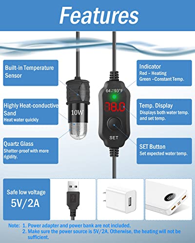AquaMiracle Mini Aquarium Heater 5V/2A USB 10W Small Fish Tank Heater for Tanks up to 1 Gal, Digital Display Thermostat Betta Heater with Dry-Run & Overheat Protection, Memory Function