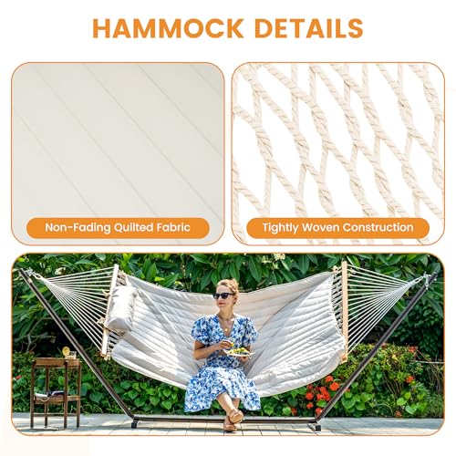Lazy Daze Hammocks Rope Hammock with Pad, Spreader Bar, Carabiners, Tree Straps, Chains for Outside Patio- Max 450 Lbs, Cream