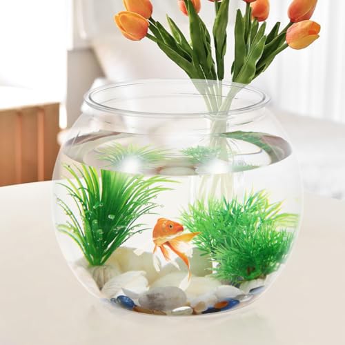 POPETPOP Small Fish Tank Desktop Aquarium Round Clear Plastic Fish Bowl for Home Office Decor 8.66X8.66X6.89 Inches