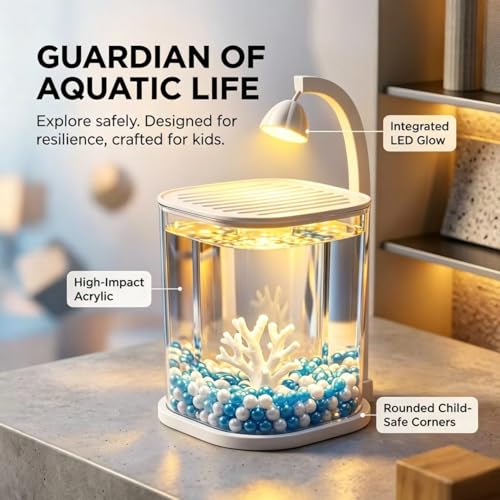 Portable Fish Tank, Small Fish Tank, 0.45 Gallon Fighting Fish Tank, Suitable for Office, Home and Travel Fish Tanks, Including Pearl Coral Decoration, Equipped with LED Lights and USB Plug