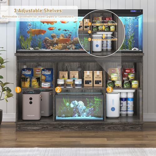 Hlivelood Farmhouse 55-75 Gallon Fish Tank Stand with Power Outlet, Aquarium Stand w/Cabinet&Sliding Barn Door, Heavy Duty Reptile Tank Stand for Fish/Turtle/Reptile Terrarium, 1000LB Capacity, Grey - color: Grey, size: 55-75 Gallon