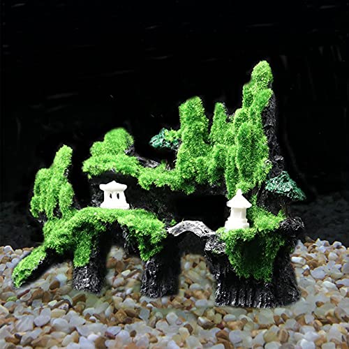 Tfwadmx Fish Tank Mountain View Decoration Aquarium Stone Ornament Bridge with Moss Tree House Cave for Small Betta Shrimp Hide