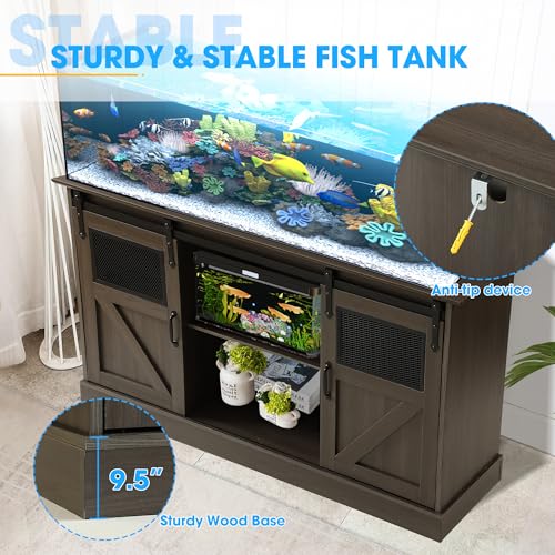 55-75 Gallon Fish Tank Stand with Sliding Barn Doors & Power Outlet, Heavy Duty Aquarium Stand with Cabinet Storage for 2 Fish Tank/Turtle Tank/Reptile Terrarium Accessories, 1260LBS (Grey) - color: Grey