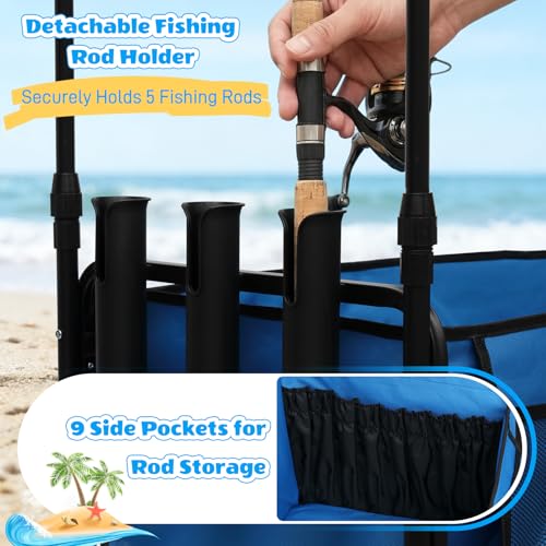 Fishing Cart with Big Wheels for Sand, 9" All-Terrain Wheels, Beach Wagon for Sand, Equipped with a Rod Holder and Side Pockets for All Your Fishing, Camping or Beach Supplies, Blue & White