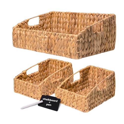 KOKODO Rectangular Wicker Storage Baskets for Shelves, Set of 3 Water Hyacinth Woven Bins with Handles, Open Front Pantry Shelf Organizer for Closet, Bedroom, Boho Decorative, Natural - color: Open Front - Set 3