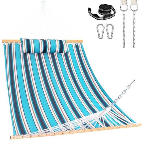 Lazy Daze Hammocks 12 FT Sunbrella Fabric Hammock Non-Fading with Spreader Bars and Free Pillow Fits for 2 Persons, All Weather and Fade Resistant for Patio Yard, 450 lbs Capacity, Token Surfside - color: Token Surfside