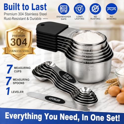 Magnetic Measuring Cups and Spoons Set, Strong N52 Magnets, Heavy Duty 304 Stainless Steel Fits in Spice Jars for Baking & Cooking, BPA Free, Round Set of 15 with Leveler Black - color: 7Pcs Measuring Cups & 8Pcs Spoons Set of 15(Black)