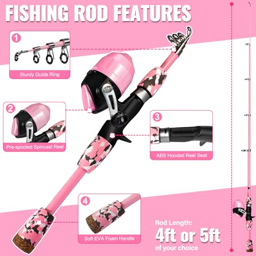 PLUSINNO Kids Fishing Pole with Spincast Reel Telescopic Fishing Rod Combo Full Kits for Boys, Girls, and Adults - color: Pink, size: 4FT / 1.2M