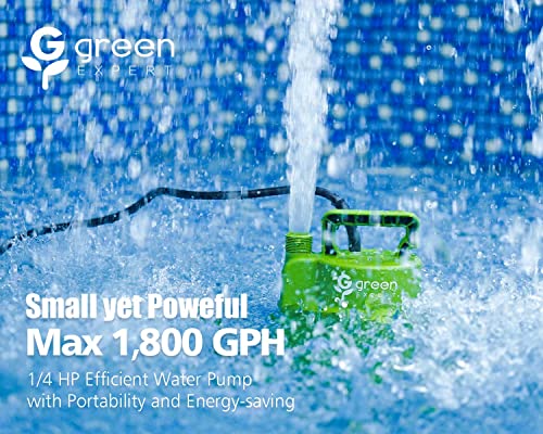 Green Expert 1/4HP Submersible Sump Pump, High Flow 1800GPH, 28FT Max Head, Portable Utility Water Pump for Basement Flooding, Emergency Water Removal, Pool, Hot Tub, Garden Drainage