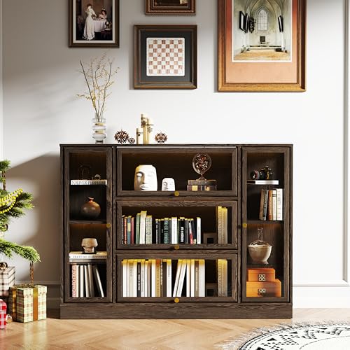 Display Cabinet with Acrylic Glass Doors,Extra Wide Curio Cabinet with LED Lighting for Collectibles, Collectibles Toy Organizers Rack & Display Shelf Display Case, Walnut - color: Walnut, size: 56" W x 42" H