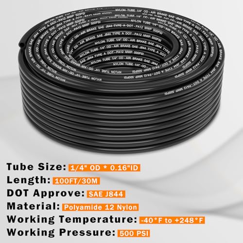 CheeMuii 100 FT 1/4 DOT Air Line 1/4" PA12 Nylon Pneumatic Tubing 30.5 Meter 1/4 Inch OD Pneumatic Air Tubing Pipe Hose Line for Semi Truck Trailer or Industrial Air System - color: Black, size: 1/4"OD-100FT