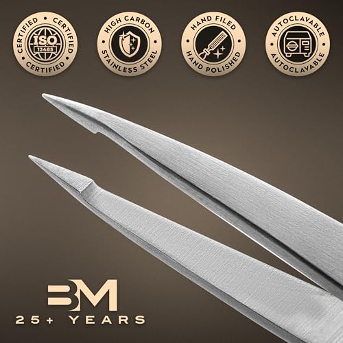 Pointed Tweezers | High Carbon Stainless Steel Needle Nose | Fine Point Precision Hair Removal | Perfectly Aligned & Hand-Filed Sharp | Silver - color: Silver