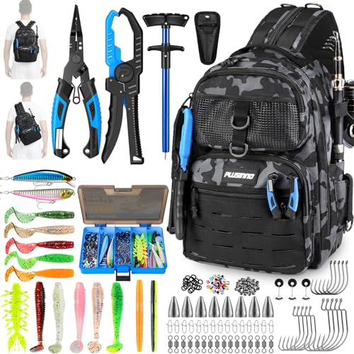 PLUSINNO Fishing Gear, Fishing Backpack with Tackle Box, Waterproof tackle Backpack with Rod Holders, Lures, Tools, Pliers & Accessories, Fish Gifts for Men - color: Camo Fishing Backpack With Fishing Kit