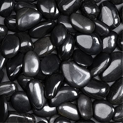20 lbs Polished Black River Rocks, Natural Decorative Stones for Indoor Plants, Vases & Fish Tank, Includes 1 Engraved Inspirational Rock, 1-2 Inch Decorative Pebbles for Garden Landscaping - size: 20 Pounds, style: Black