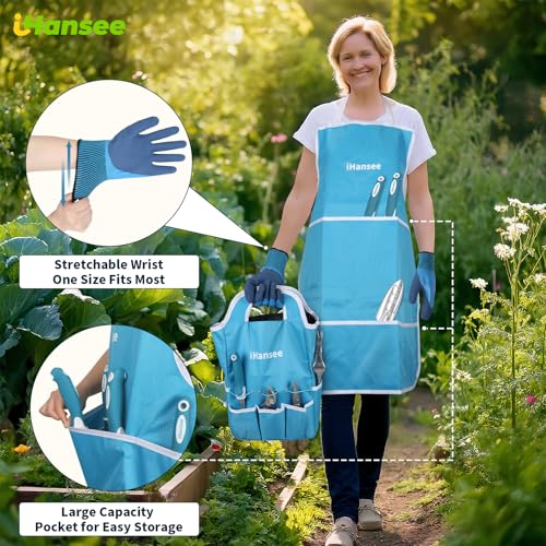 Blue Garden Tool Sets 12-Piece, Aluminum Gardening Hand Tools w/Ergonomic Handle, Garden Supplies Organizer Handbag, Kneeling Pad, Apron and Gloves, Gift for Women, Garden Starter Kit for Women - style: blue