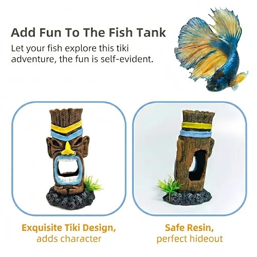 Small Aquarium Decor Cave Hideout, Smooth Resin Fish Tank Decorations with Tiki, Betta Hideout for Reptiles, Shrimp & Axolotl Tanks (2.8x2.8x4.9 Inch)