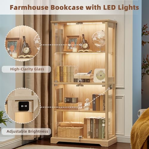 LELELINKY Farmhouse Glass Display Cabinet Set of 3 with Doors, Corner Curio Cabinet for Collectibles, Wooden Display Cabinets for Home, Office, Living Room, Corner, Natural - color: Natural, size: Set C