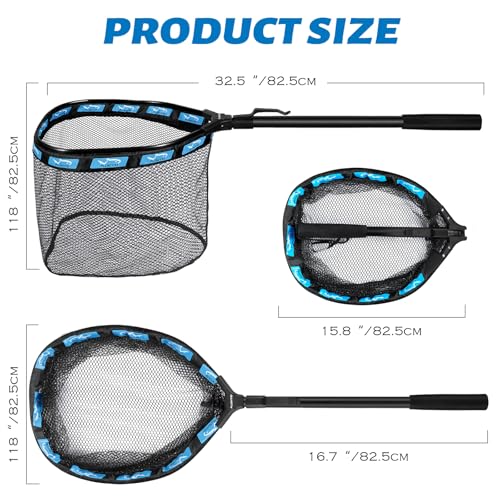 PLUSINNO Fishing Net Fish Floating Landing Net, Kayak Nets with Fixed Foldable Telescopic Pole Handle, Bass Trout Fishing Nets with Nylon Mesh for Pond Lake River, Fishing Gear Gifts for Men Anglers - color: 11.8"/30cm Hoop Size 0.8M Blue(Not Extendable),