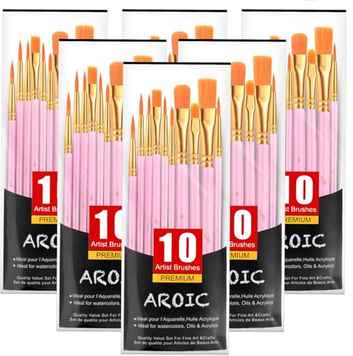 AROIC Acrylic Paint Brushes, 6 Packs/60 pcs Nylon Hair Paint Brush Set for All Purpose Oil Watercolor Painting Artist Professional Kits (Pink) - color: Pink, size: 60pcs