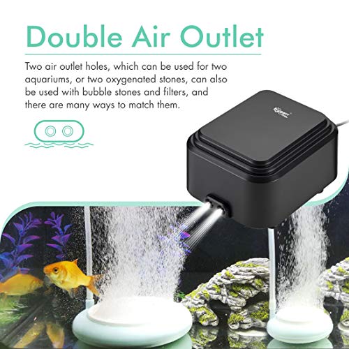 hygger Quiet <30dB Aquarium Air Pump, Adjustable Low Decibel Oxygen Fish Tank Pump 2 Air Outlets Ultra Silent Powerful Aerator Pump with Accessories Max 80GPH/160GPH/255GPH(10W, Up to 600Gallon) - size: 10W, Up to 600Gallon