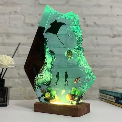 Handmade 3D Ocean Resin Lamp - USB Powered Resin Ocean Night Light with Wooden Base, Variable Lights, Scuba Diver Gifts, Diving Enthusiast Collectibles, Unique Birthday Holiday Gifts for Men & Women - color: Scuba Diver-1, size: S
