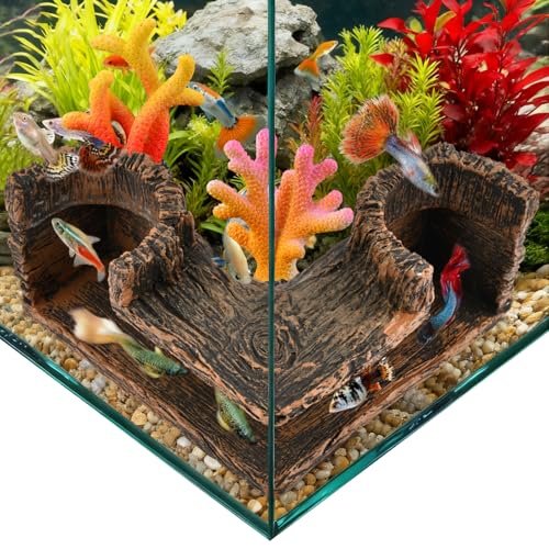 Aquarium Underground Corner Cave with 2 Simulated Resin Coral, Natural-Looking Wood-Like Bet-ta Fish Hideout Fish Tank Decorations, for Avoid Aggressive Behavior