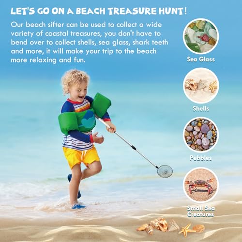 2PCS Sand Sifter for the Beach, Sand Scoop Adjustable Shell Sifting Shovels, Sea Shell Scooper with Long Handle, Sand Shovel Sifter Shark Tooth Sifter for the Beach