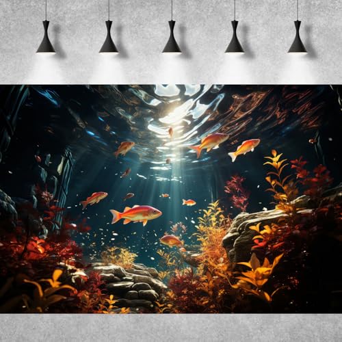 Underwater Aquarium Background Orange Aquatic Plants with Sunbeams Fish Tank Background Underwater Rooted Species Stone Rocks Tropical Fish Terrarium Background Vinyl 24x12in - color: Orange, size: 24(W)x12(H)in
