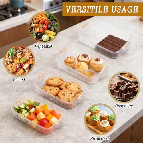 4-Layer Stackable Cookie Airtight Storage Containers with Lids, Portable Plastic Cookie Storage Case Snack Containers for Desserts, Cupcakes, Snacks, Dumplings, Fruit- Beige Lid